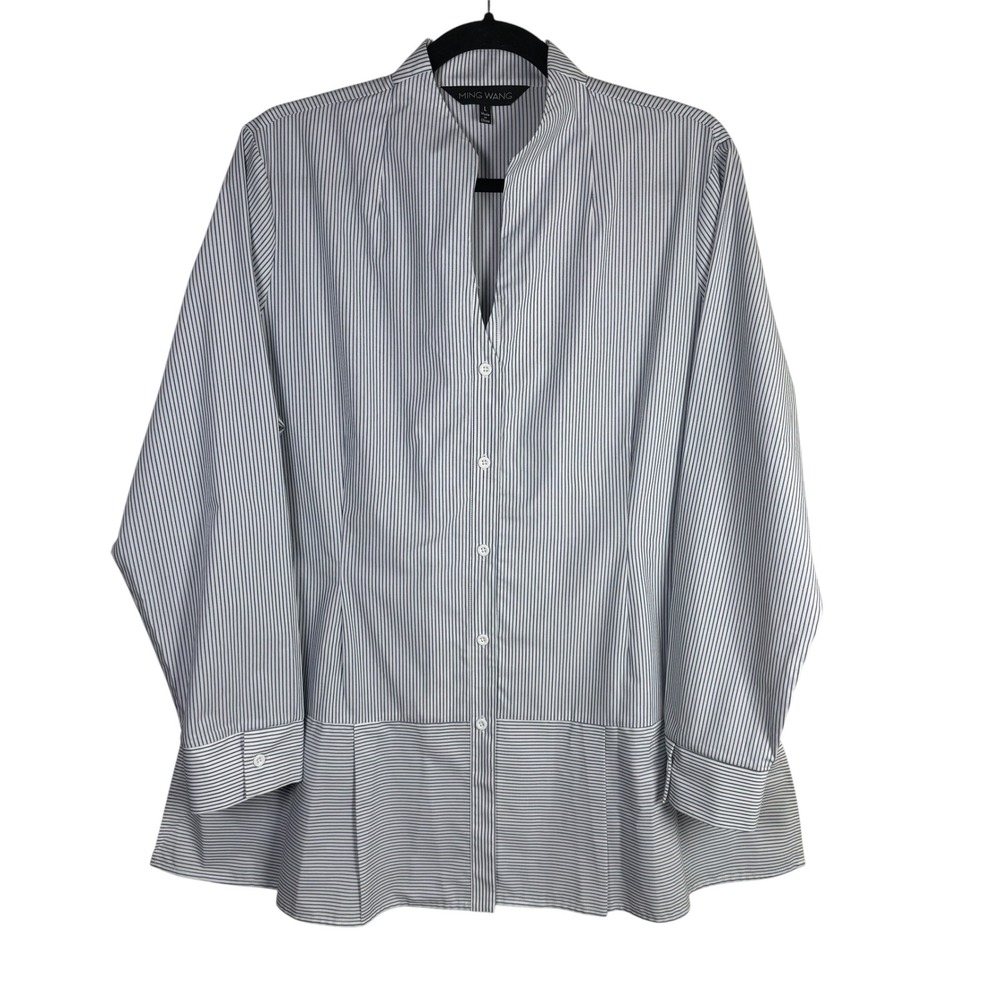 Ming Wang Pinstripe Mandarin Collar Long Sleeve Button Up Blouse Top Size Large